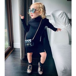 Pasgeboren Baby Peuter Baby Meisjes Herfst Winter Warm Lange Mouwen Coltrui Jurk Zwart Gebreide Truien Jurken Casual Kleding