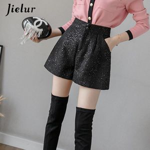 Jielur Vrouwen Shorts Herfst Winter Slanke Hoge Taille Shorts Black Womens Sequin Chic Koreaanse Zakken Korte Broek S-XXL