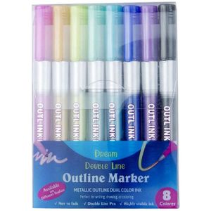 8 Kleuren/Set Dubbele Lijn Overzicht Pen Glitter Kleur Fluorescerende Marker Metaal Kleur Pen Handbook Student School Kantoorbenodigdheden