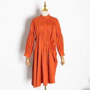 Vgh Asymmetrische Ruches Vrouwen Jurk Stand Kraag Bladerdeeg Mouw Hoge Taille Casual Shirt Jurken Vrouwelijke Herfst Mode Tij