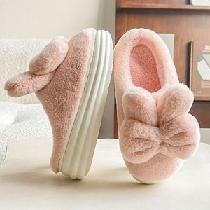 Witte Fluff Bunny Oor Strik Slides Vrouwen Bont Flip-Flops Fuzzy Thuis Slippers Met Hakken Vrouwen Indoor schoenen Chunky Slipper