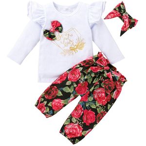Kids Kleding Meisjes Baby Alfabet Print Tops + Bloem Broek + Strik Outfits Kleding Sets Kleding Ropa De niña # L35