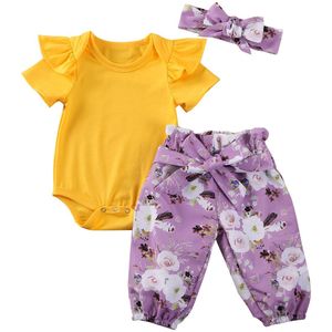 0-24M Peuter Baby Meisjes Kleding Sets Korte Mouwen Effen Romper Tops Bloemen Broek Hoofdband 3 Pcs