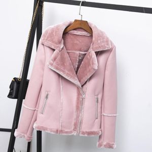 Ly Varey Lin Vrouwen Winter Faux Lam Lederen Jas Zwart Roze Punk Lamswollen Bontkraag Jas Vrouwelijke Warme dikke Bovenkleding