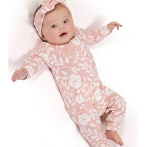Baby Meisjes Bloemen Lange Mouw Romper Jumpsuit Katoen Pyjama Hoofdband Outfits Kleding