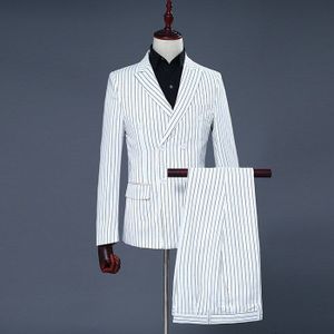 Mode Witte Gestreepte Double Breasted Pak Mannen Bruiloft Bruidegom Tuxedos 2 Stuk Pak (Jas + Broek) mannen Kostuum Homme