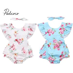 Baby Zomer Kleding Pasgeboren Baby Baby Meisje Bloemen Jumpsuit Hoofdband Ruches Shortsleeve Bodysuit Kleding 2pcs Outfit Set