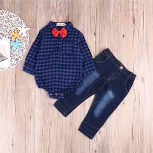 CANIS Peuter Pasgeboren Kids Baby Boy Plaid Romper Tops Jeans Denim Broek Leggings Outfits Set Kleding Formele Pak Jongens Kleding