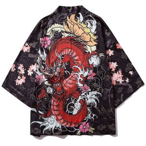 GONTHWID Harajuku Dragon Kersenbloesems Bloemen Print Kimono Vest Haori Jassen Streetwear Japanse Stijl Open Voorzijde Jassen