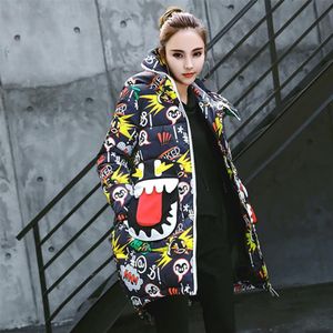 Winter Parka jas vrouwen mond Gedrukt Loose Thicken Warme Jas Hooded Mantel Gewatteerde Sneeuw Parka Big pocket plus size