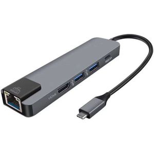 Type-C naar Gigabit Ethernet poort + HUB + HDMI 4K + PD 5-in-1 converter voor PC TV Projector Scherm