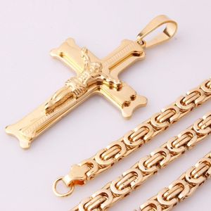 Goud Kleur Rvs Jesus Cross 18 ""-32"" Hanger Ketting 6mm Link Byzantijnse Ketting Choker Kettingen sieraden
