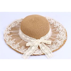 Retail Kant Bloemen Brim Baby Meisjes Stro Zon Hoeden met Strik zonnehoeden voor Kid Wide Floopy Rand Strand hoed Kinderen zomer caps