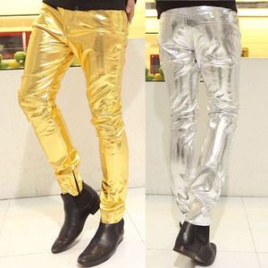 Heren Skinny Faux PU Lederen Broek Shiny Silver Gold Broek Broek Nachtclub mode Podium Kostuums voor Zangers Danser Mannelijke