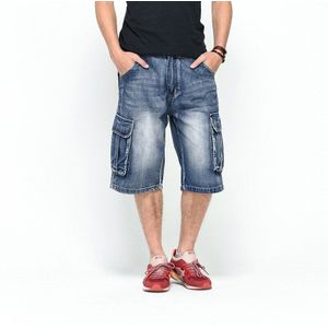 Lovzon Mens Plus Size Losse Denim Korte Jeans Streetwear Hip Hop Lange 3/4 Capri Cargo Shorts Pocket Bermuda Mannelijke blauw