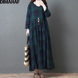 DIMANAF Plus Size Vrouwen Jurk Lange Mouw Herfst Vintage Elegante Big Size Katoen Losse Vrouwelijke Vestidos Plaid Jurk Kleding