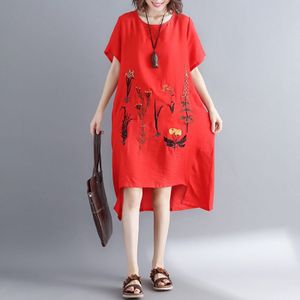 Koreaanse Jurk Zomer Jurken Vrouwelijke Losse Oversize Borduren Dames Asymmetrische Jurken Rood Geel Chinese Jurk TA1533