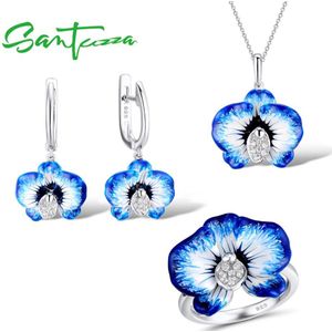 Santuzza Blauwe Bloem Zilveren Sieraden Ring Oorbellen Hanger Set Voor Vrouwen 925 Sterling Silver Chic Mode-sieraden Handgemaakte Emaille
