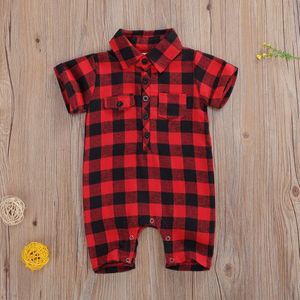 Pasgeboren Baby Korte Mouwen Revers Plaid Romper Mode Korte Mouw Pocket Knoppen Romper Baby Meisjes Jongens