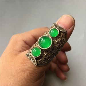Antiek Tibetaans Zilver Ingelegd Met Maleisische Jade Ring Collectie Etnische Stijl Accessoire Ring