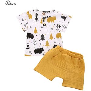 Baby Zomer Kleding Baby Outfits 2 Stuks Set Forest Animal Print Korte Mouw T-shirt + Pocket Shorts Set