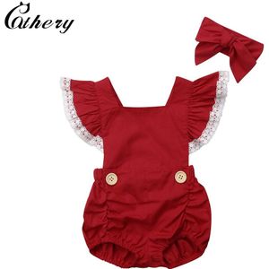 Cathery Xmas Peuter Baby Meisjes Kant Romper Jumpsuit Hoofdband Outfits Set