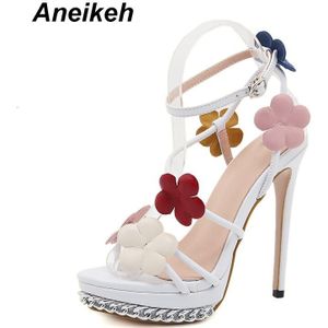 Aneikeh Zomer Vrouwen Schoenen Sandalen Enkelband Pu Bloem Dunne Hakken Gesp Bruiloft Ronde Teen Maat 34-42 Wit