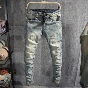 Italiaanse Stijl Mode Mannen Jeans Retro Lichtblauw Slim Fit Elastische Ripped Jeans Mannen Stretch Katoen Broek Streetwear Hip Hop jeans
