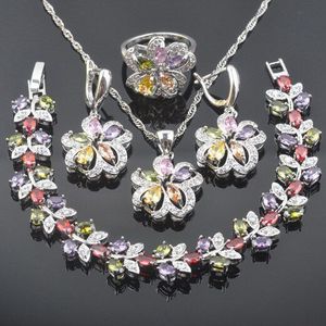 Bloem Multicolor Cubic Zirkoon Zilveren Kleur Sieraden Sets Voor Vrouwen Armband Ketting Hanger Oorbellen Ring QS0535