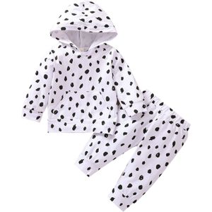 Baby Meisjes Tweedelige Kleding Set, Golf Punten Gedrukt Patroon Hooded Top + Lange Elastische Taille Broek, wit/Roze