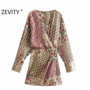 Zevity Herfst Vrouwen Vintage Cross V-hals Doek Patchwork Print Speelpakjes Dames Chic Retro Casual Kimono Siamese Shorts DS4537