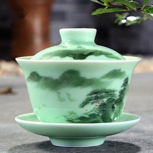 Longquan celadon gaiwan porselein handgeschilderd terrine vis opluchting cup kom met deksel schotel bergrivier print lotus