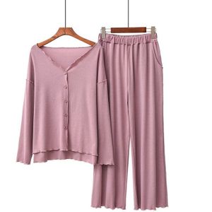Herfst Dames Pyjama Set Comfort Effen Kleur Vrouwen Sexy V-hals Homewear 2 Stuks Lange Mouw + Broek Casual dragen