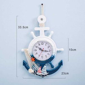Zomer Marine Houten Wandklok Mediterrane Stijl Roer Anker Home Decor Opknoping Klokken Decoratie Mute Hout Digitale Horloge