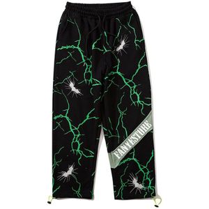 Aolamegs Broek Mannen Groene Bliksem Brief Print Track Broek Elastische Taille Mode Broek Hip Hop Joggers Joggingbroek Streetwear