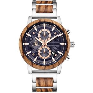 Legering & Hout Gecombineerd Band Horloges Mens Multifunctionele Chronograaf Quartz Kalender Horloge Unieke Staal Houten Klok Mannelijke Reloj