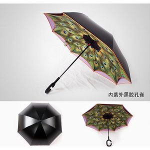 C-Haak Handen Voor Auto 2-Layers Reverse Winddicht Paraplu Pauw Rode Dot Creatieve Auto Paraplu Zelf Stand Regen Bescherming