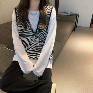 Trui Vest Vrouwen Zebra Gestreepte V-hals Harajuku Streetwear Oversize Ulzzang Stijlvolle Retro Zachte Casual Uitloper Koreaanse Eenvoudige Ins