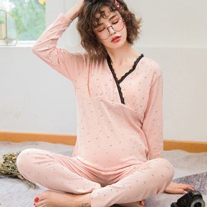Aanstaande Moeder Verpleging Pyjama V-hals Set Lange Mouw T-shirt + Broek 2 stuks Zwangere Vrouwen Nachtkleding Postpartum Moeder pyjama