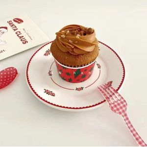Koreaanse Stijl Kerst Cartoon Gingerbread Man Keramische Plaat Creatieve Snoep Rode Kant Taart Dessertbord Lader Platen