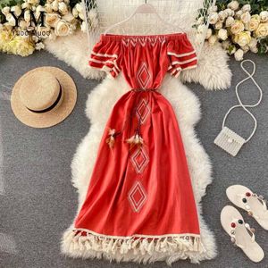 Yuoomuoo Goede Sexy Off Shoulder Borduren Vrouwen Bohemian Strand Jurk Zomer Vintage Bandage Midi Kwastje Jurk