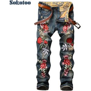 Sokotoo Mannen Bloem Borduren Patch Ripped Jeans Casual Gat Slanke Straight Distressed Denim Broek