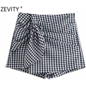 Zevity Vrouwen Mode Plaid Afdrukken Toevallige Slanke Bermuda Dames Strik Side Rits Chic Shorts Pantalone Cortos P889