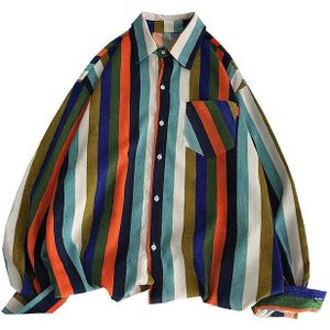 Herfst Winter Koreaanse Mode Corduroy Heren Shirts Casual Losse Regenboog Gestreepte Button Up Met Lange Mouwen Shirt