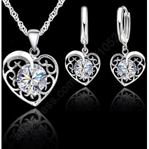 Shining Cz Sieraden Sets 925 Sterling Zilver Zirconia Hart Ketting Oorringen Lever Terug Party Accessoires