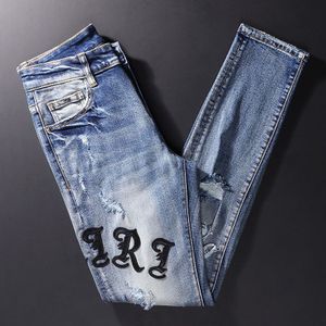 Street Style Mannen Jeans Retro Blauw Elastische Slim Fit Vernietigd Hole Ripped Jeans Mannen Patch Hip Hop Denim broek
