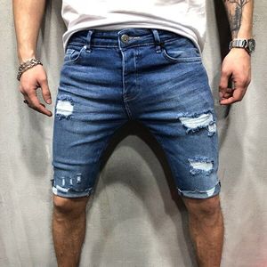 Mannen Ripped Hole Denim Shorts Skinny Potlood Korte Jeans Plus Size 3XL Knie Lengte Broek Man Blauw Causale Slanke fit Shorts