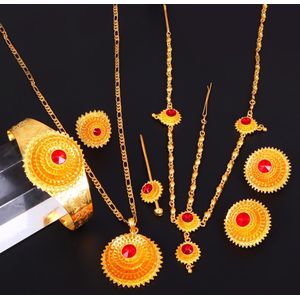 Ethiopische Goud Kleur Haar Stuk Hanger Ketting Oorbellen Ring Haar Pin Armband Eritrea Afrika Vrouwen Bruiloft Sieraden Set