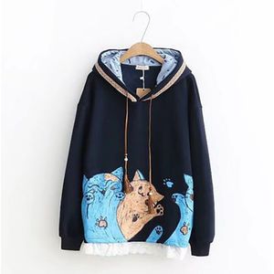 Womens Winter Sport Sweater Cartoon Kat Grafische Fleece Hoodie Casual Preppy Beige Trui Meisje Leuke Outfit Top