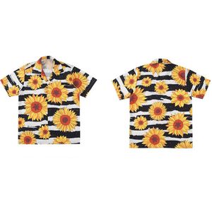 Gonthwid Zonnebloem Bloemen Print Korte Mouw Streep Hawaiian Strand Aloha Shirts Zomer Casual Tops Streetwear Mannen Hip Hop Shirt